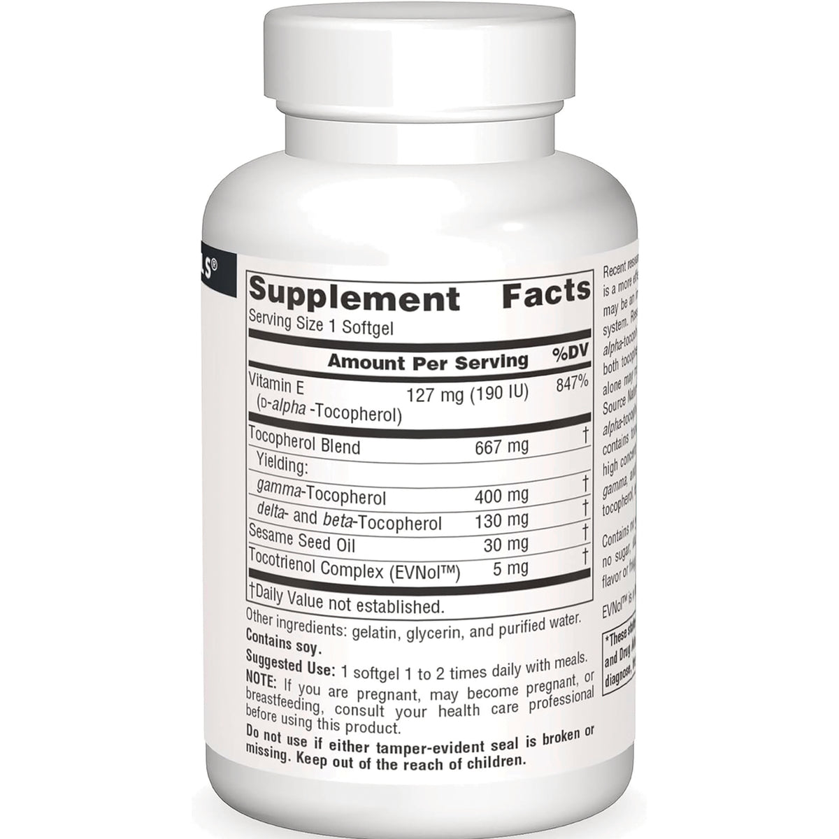 SN292 | Supplement bottle back label showing Supplement Facts panel and ingredients