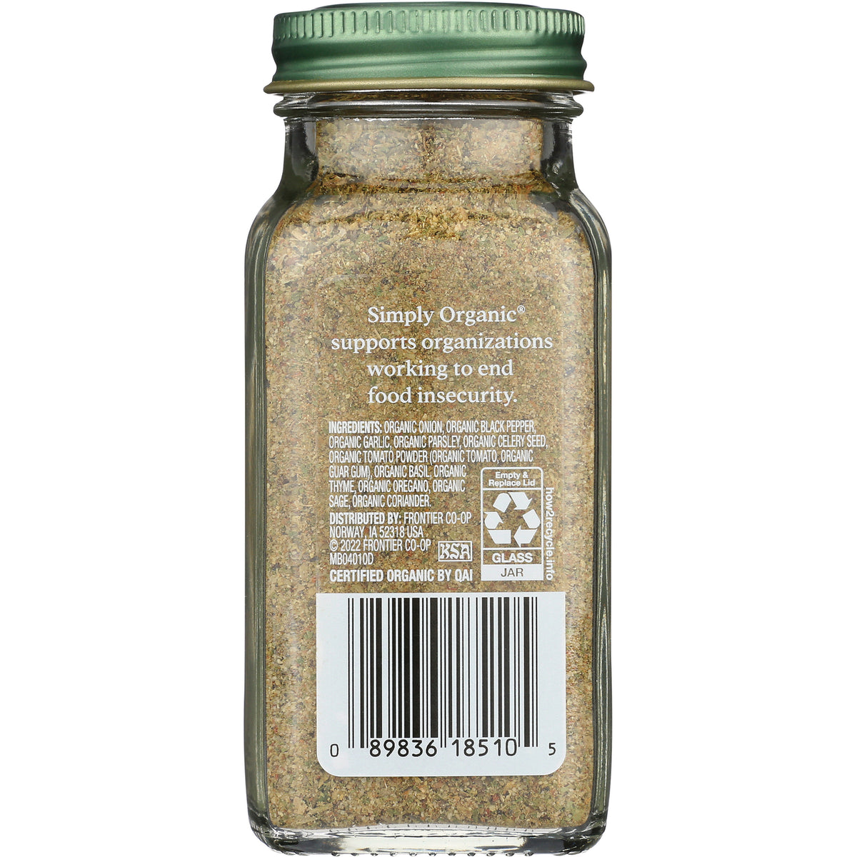 SMP038 | Simply Organic seasoning bottle back label with ingredients, recycling info, and barcode