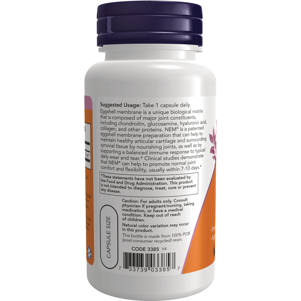 NWF1265 | Back label of white supplement bottle showing suggested usage, caution text, capsule size oval, and barcode