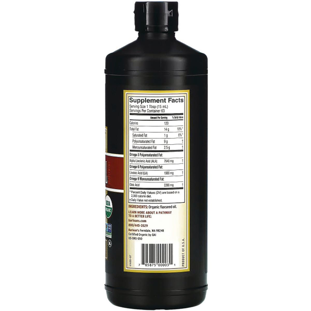 BAR005 | Back of black bottle showing supplement facts panel, ingredients and barcode