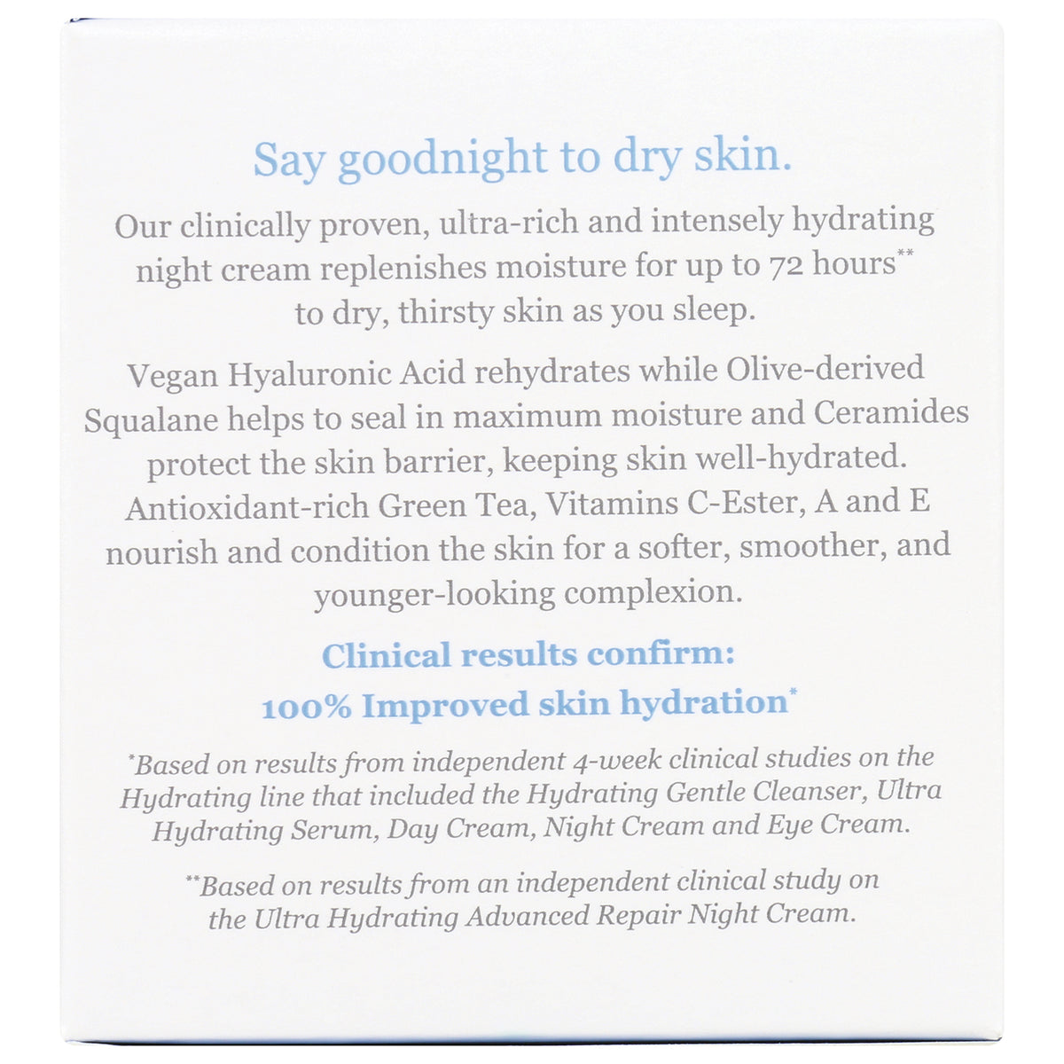 DE036 | Back of night cream box showing ingredients and claims including Say goodnight to dry skin and 100% Improved skin hydration