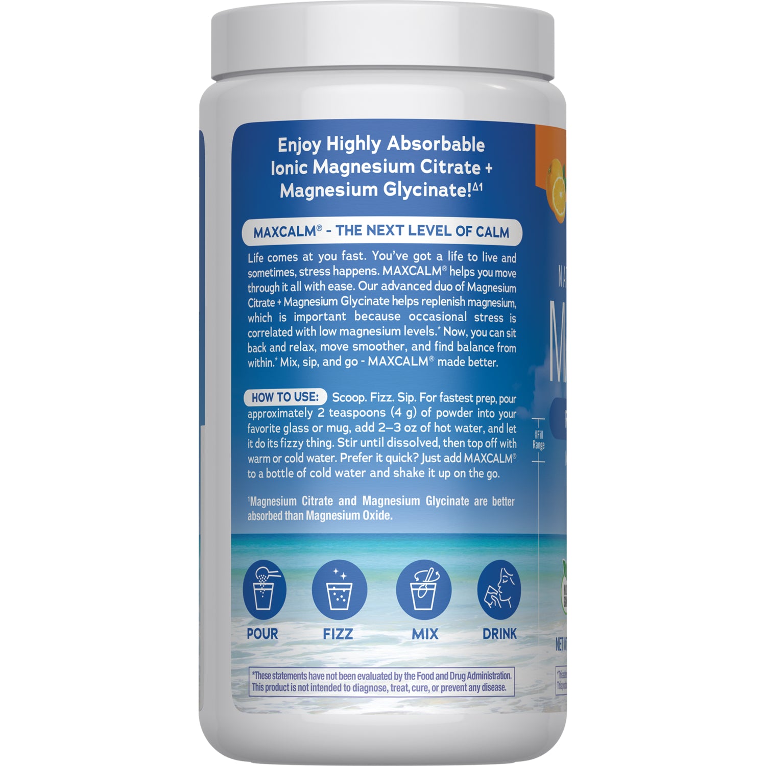 NVT011 | Back label showing directions, warnings, and product information on blue supplement jar