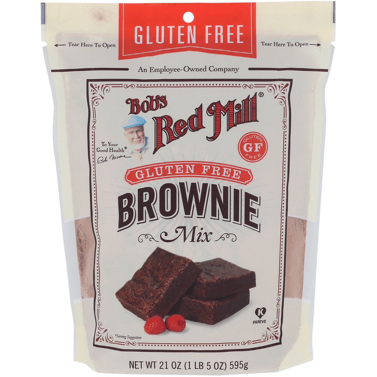 BOB445 | Bob's Red Mill gluten free Brownie Mix front pouch showing stacked brownies and raspberries