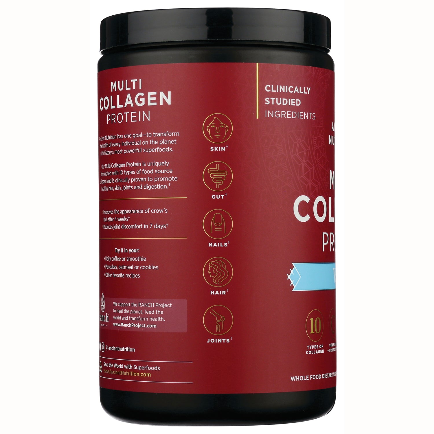 Multi Collagen Protein tub label showing product infographic icons for skin, gut, nails, hair, joints and usage suggestions