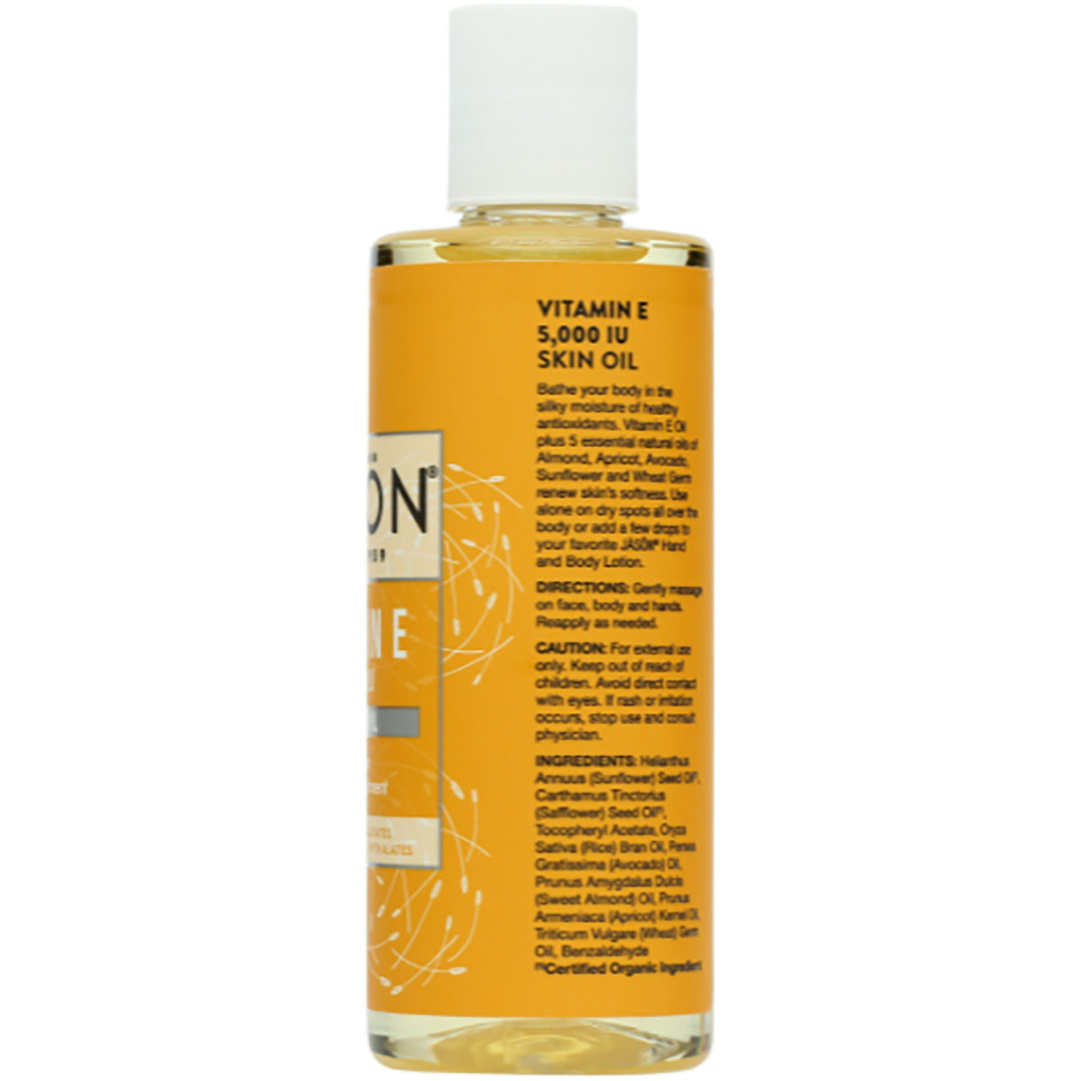 JC033 | Back label of clear bottle of Vitamin E 5,000 IU skin oil showing directions, caution, and ingredient list