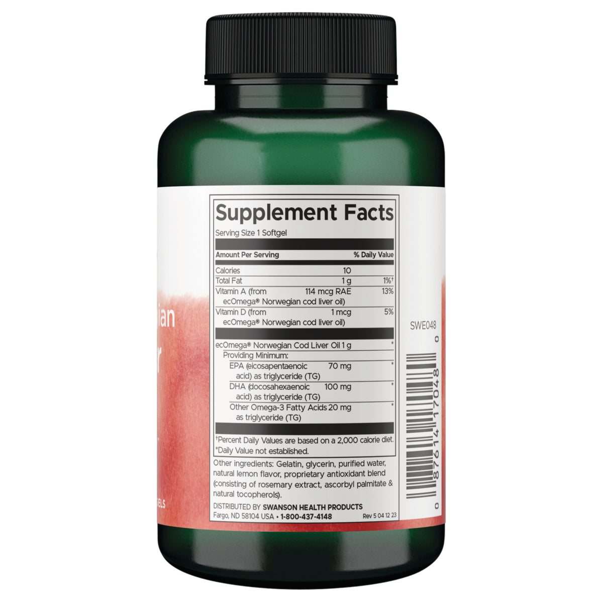 SWE048 | Back label showing Supplement Facts panel and barcode for Norwegian cod liver oil softgels