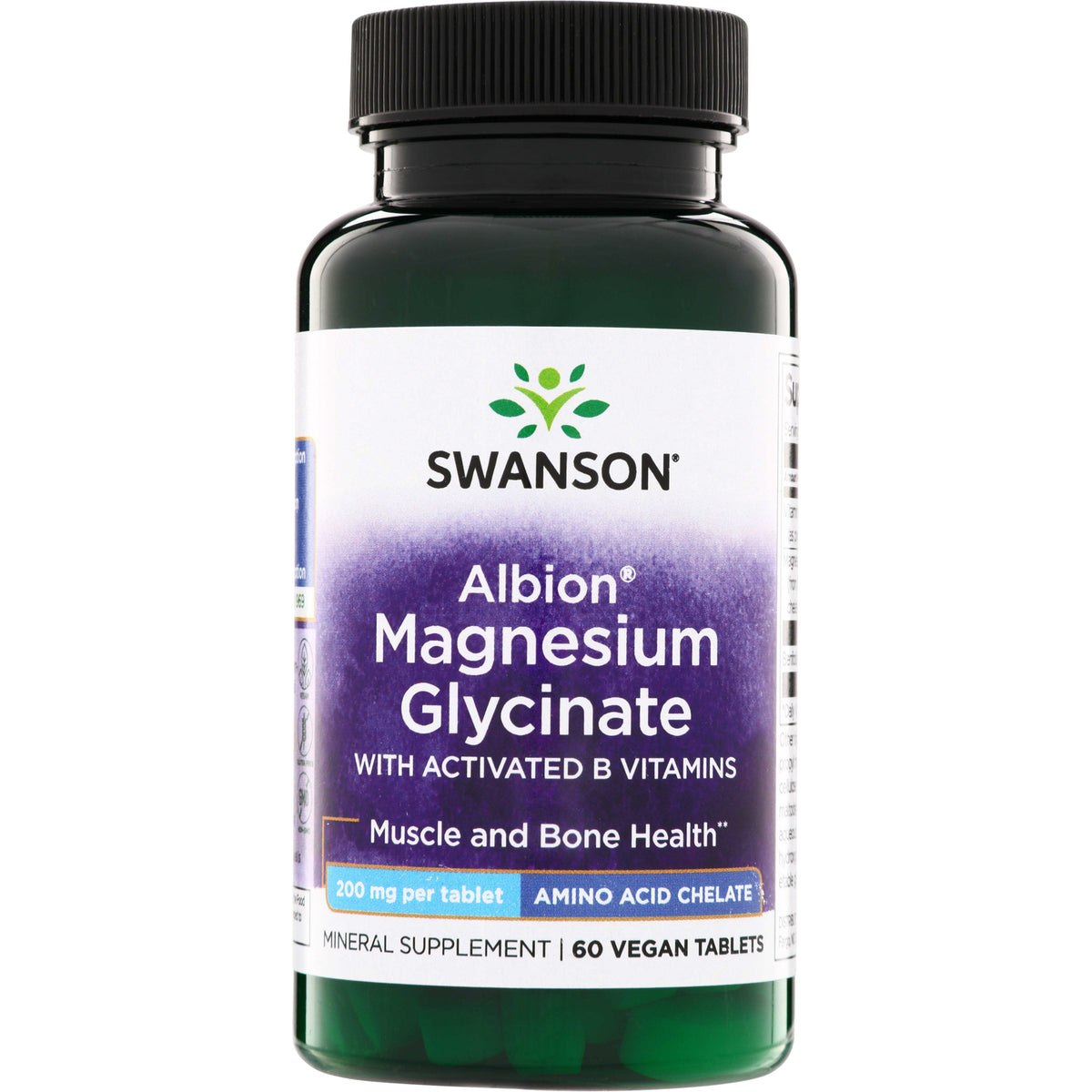 SWU718 | Swanson Albion Magnesium Glycinate with Activated B Vitamins, 60 vegan tablets, 200 mg per tablet