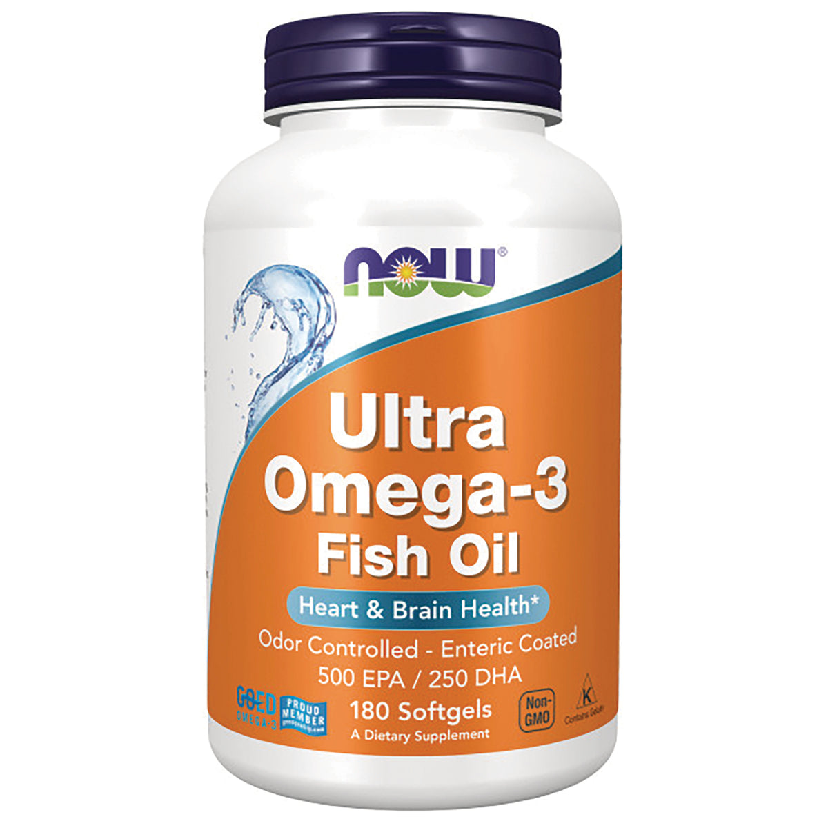 NWF715 | NOW Ultra Omega-3 Fish Oil white bottle with orange label, 180 softgels, 500 EPA/250 DHA, heart & brain health