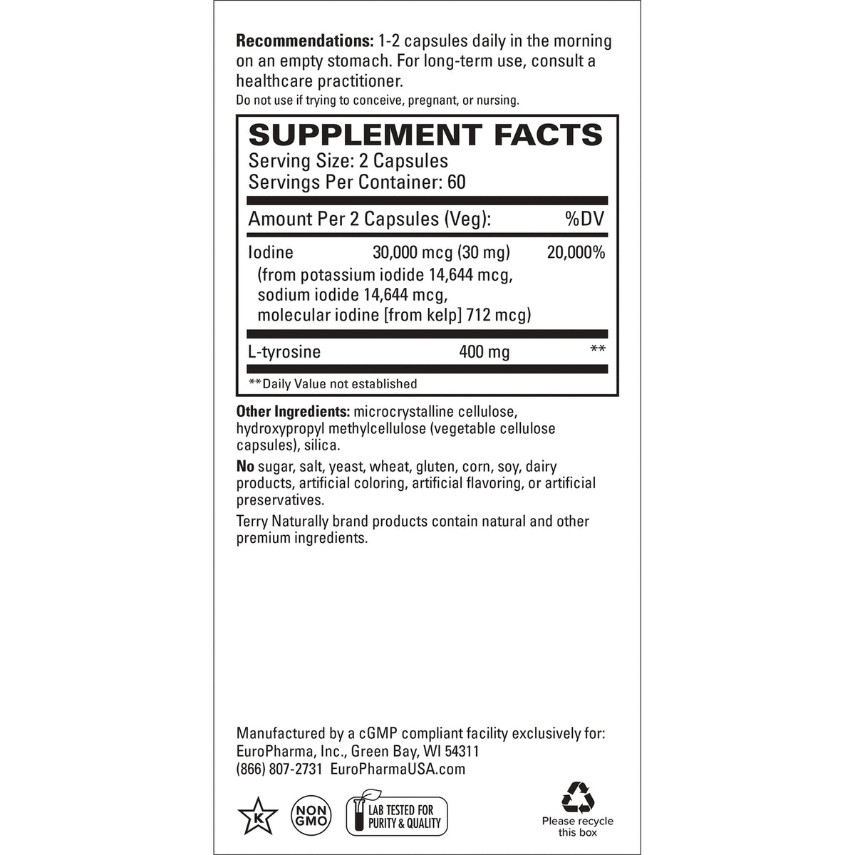 EUR058 | Back label showing Supplement Facts for iodine 30,000 mcg and L-tyrosine 400 mg, serving size 2 capsules, ingredients and warnings