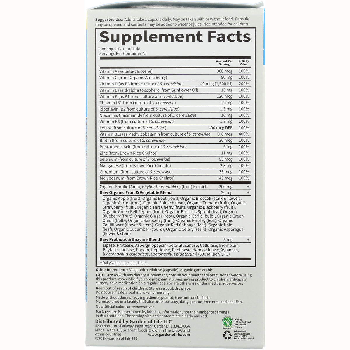 GLF051 | supplement facts panel showing serving size, vitamin and mineral amounts, raw blends and caution text
