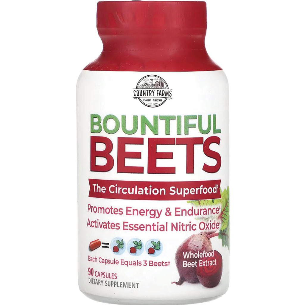 CFR018 | Bountiful Beets supplement bottle with red cap, label Promotes Energy & Endurance, 90 capsules - Thumbnail