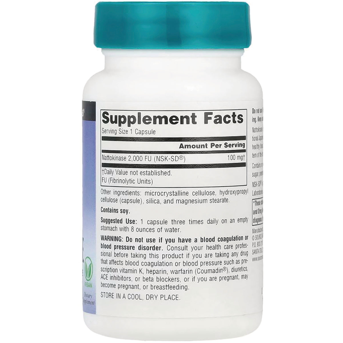 SN513 | Back label showing Supplement Facts for Nattokinase 2,000 FU, serving size 1 capsule