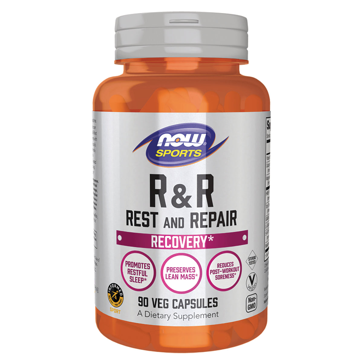 NWF1388 | Orange supplement bottle labeled NOW Sports R&R Rest and Repair Recovery 90 veg capsules