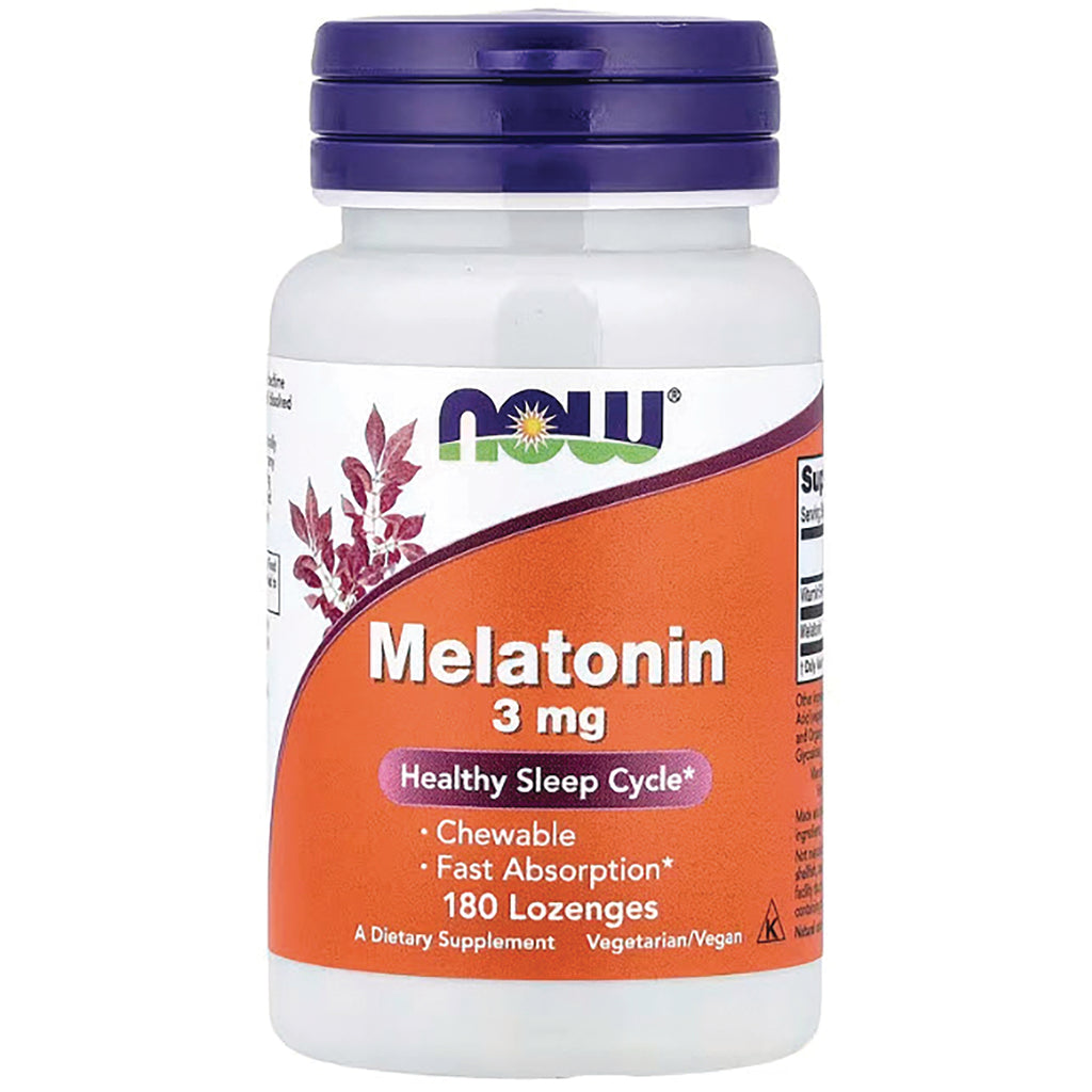 NWF557 | NOW Melatonin 3 mg bottle with orange label, 180 chewable lozenges, Healthy Sleep Cycle - Thumbnail