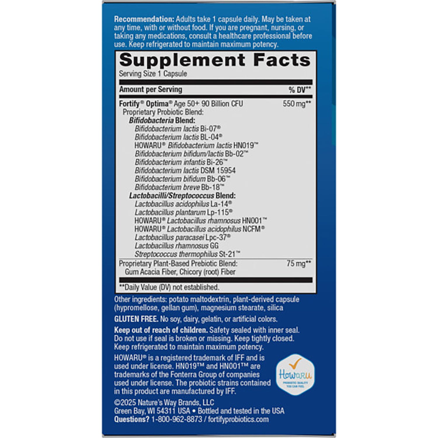 NW805 | Back panel with Supplement Facts listing probiotic strains, serving size and other ingredients