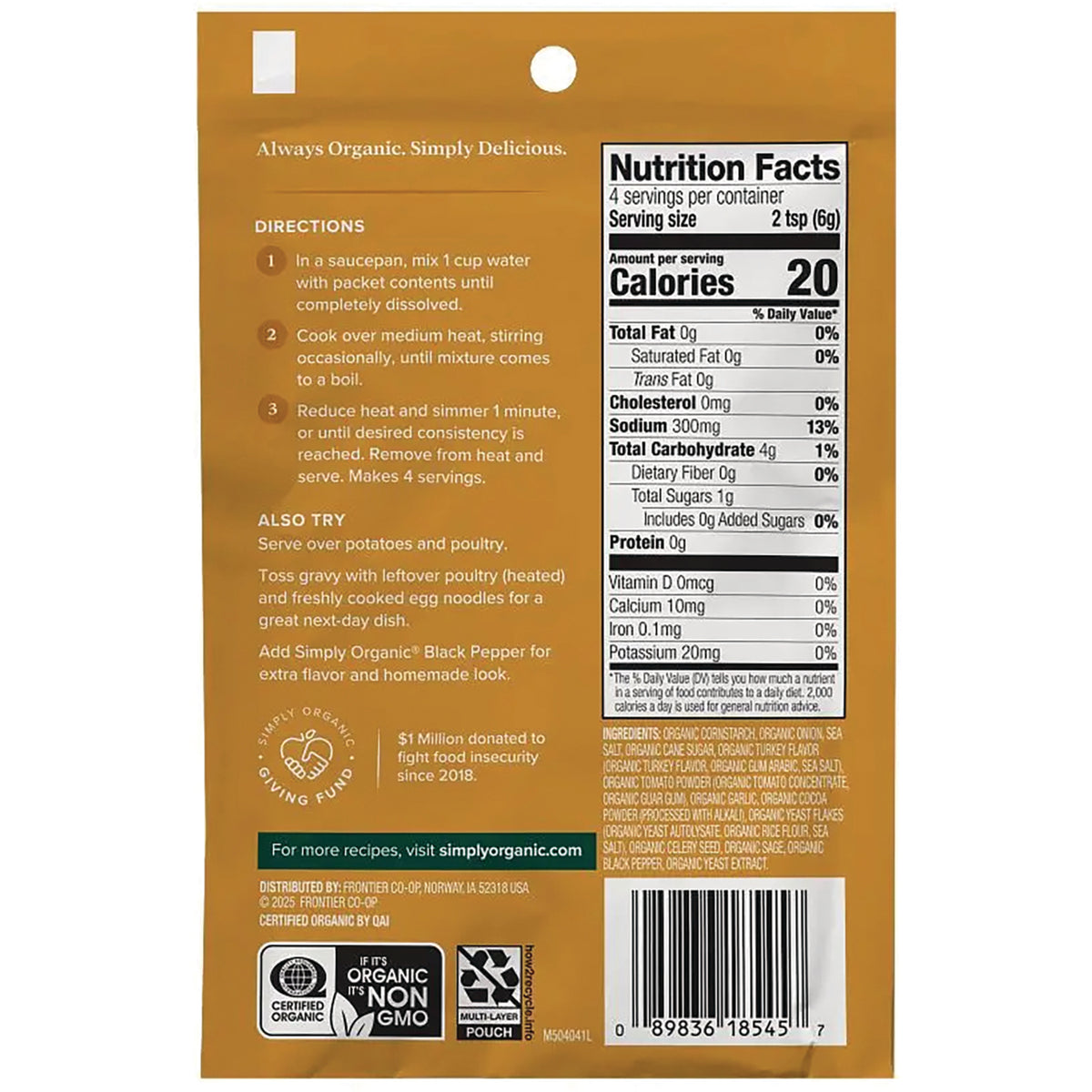SMP008 | Back of Simply Organic gravy mix pouch with directions, Nutrition Facts, ingredients, and barcode