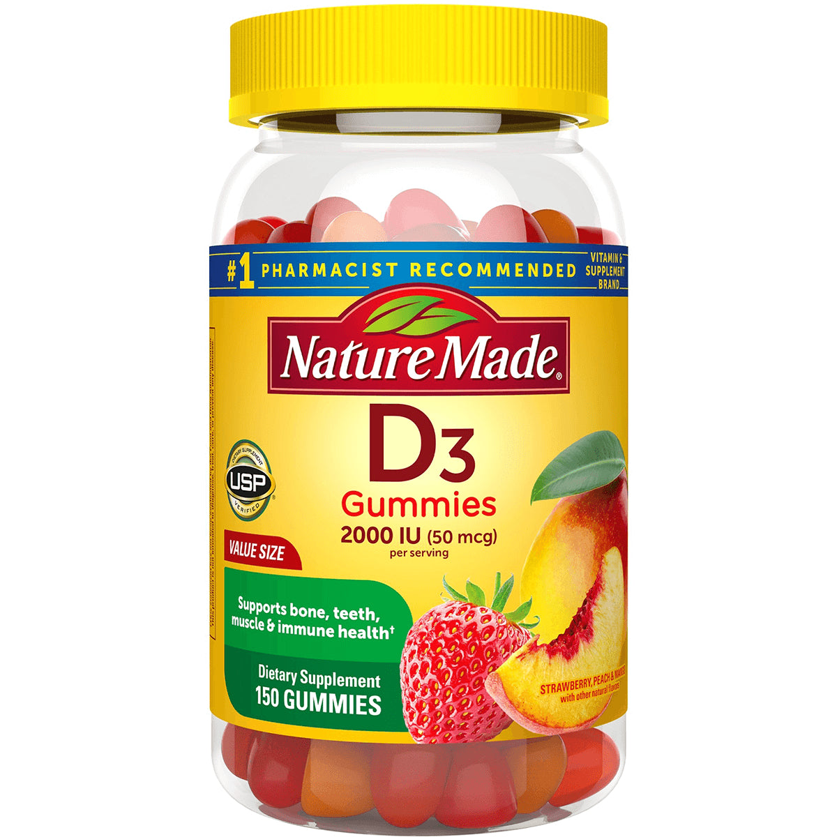 NTM085 | Nature Made D3 Gummies bottle with strawberry and peach on yellow label, 2000 IU, 150 gummies