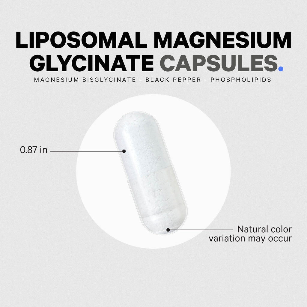 CDG011 | Liposomal magnesium glycinate capsule infographic showing 0.87 in size and natural color variation - Thumbnail