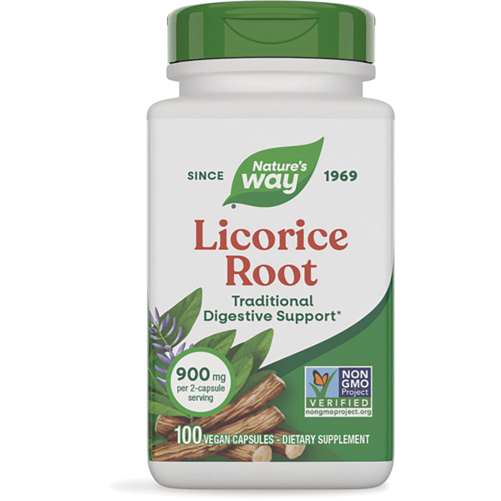 NW780 | Nature's Way Licorice Root supplement bottle, 100 vegan capsules, 900 mg per 2-capsule serving, Non-GMO Verified - Thumbnail