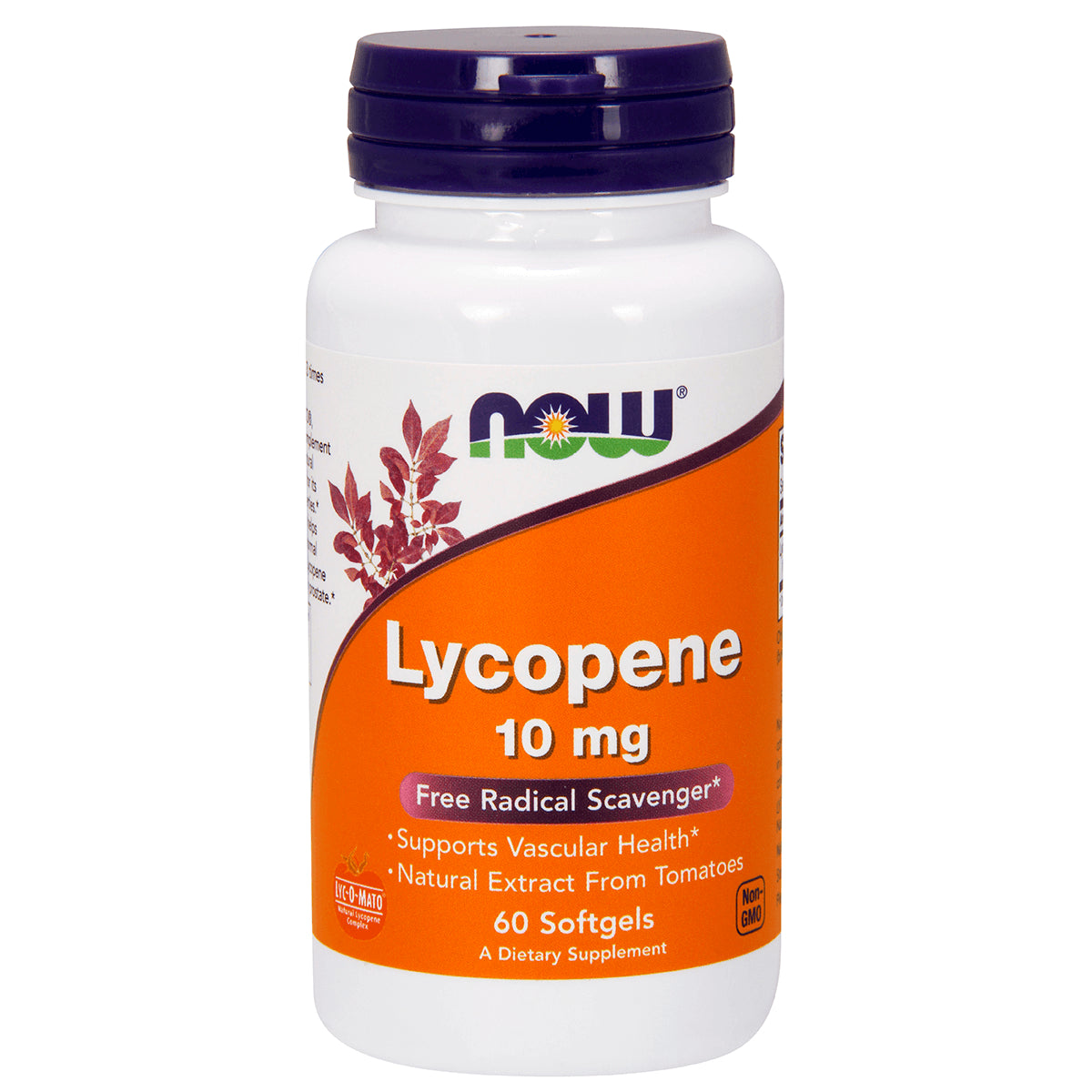 NWF492 | Bottle of NOW Lycopene 10 mg dietary supplement, 60 softgels, orange label