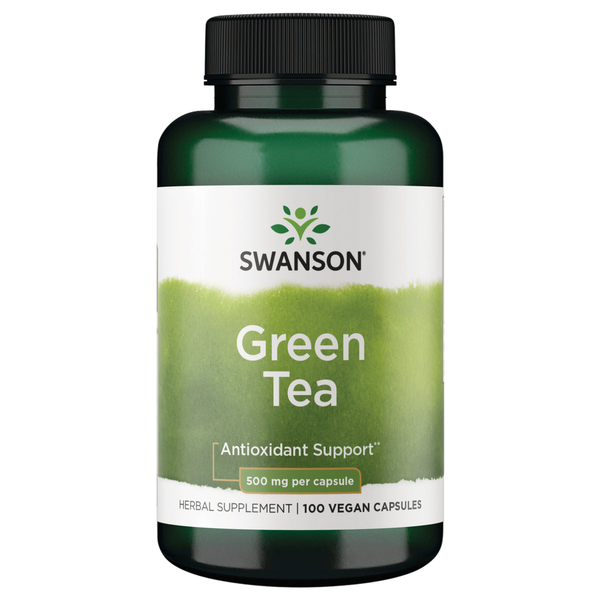 SW977 | Swanson Green Tea supplement bottle labeled Green Tea, Antioxidant Support, 500 mg per capsule, 100 capsules