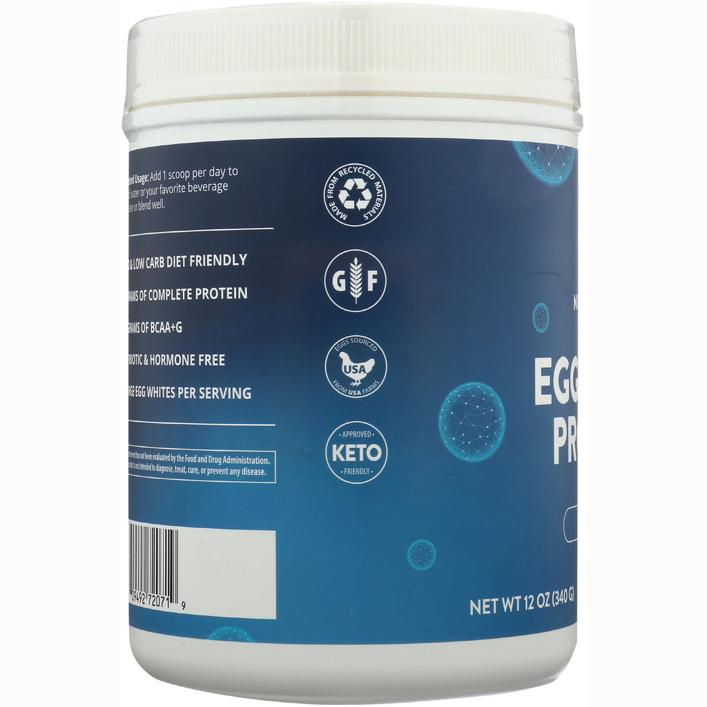MRM015 | blue supplement tub side showing product infographic icons: gluten free, USA sourced eggs, keto friendly, recycling - Thumbnail
