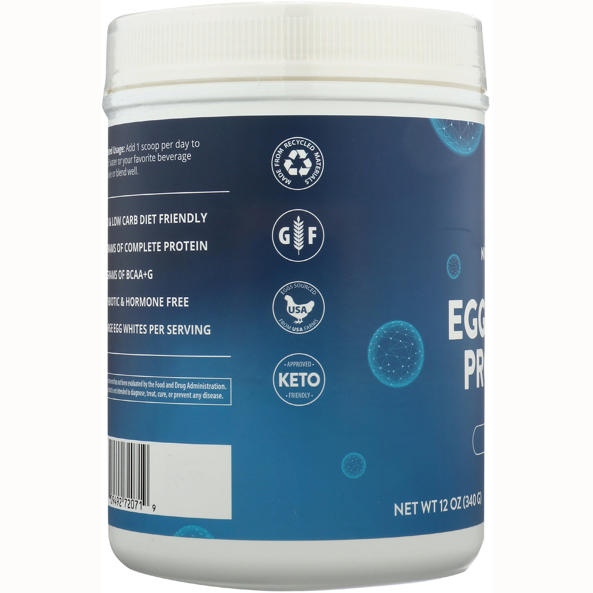 MRM015 | blue supplement tub side showing product infographic icons: gluten free, USA sourced eggs, keto friendly, recycling