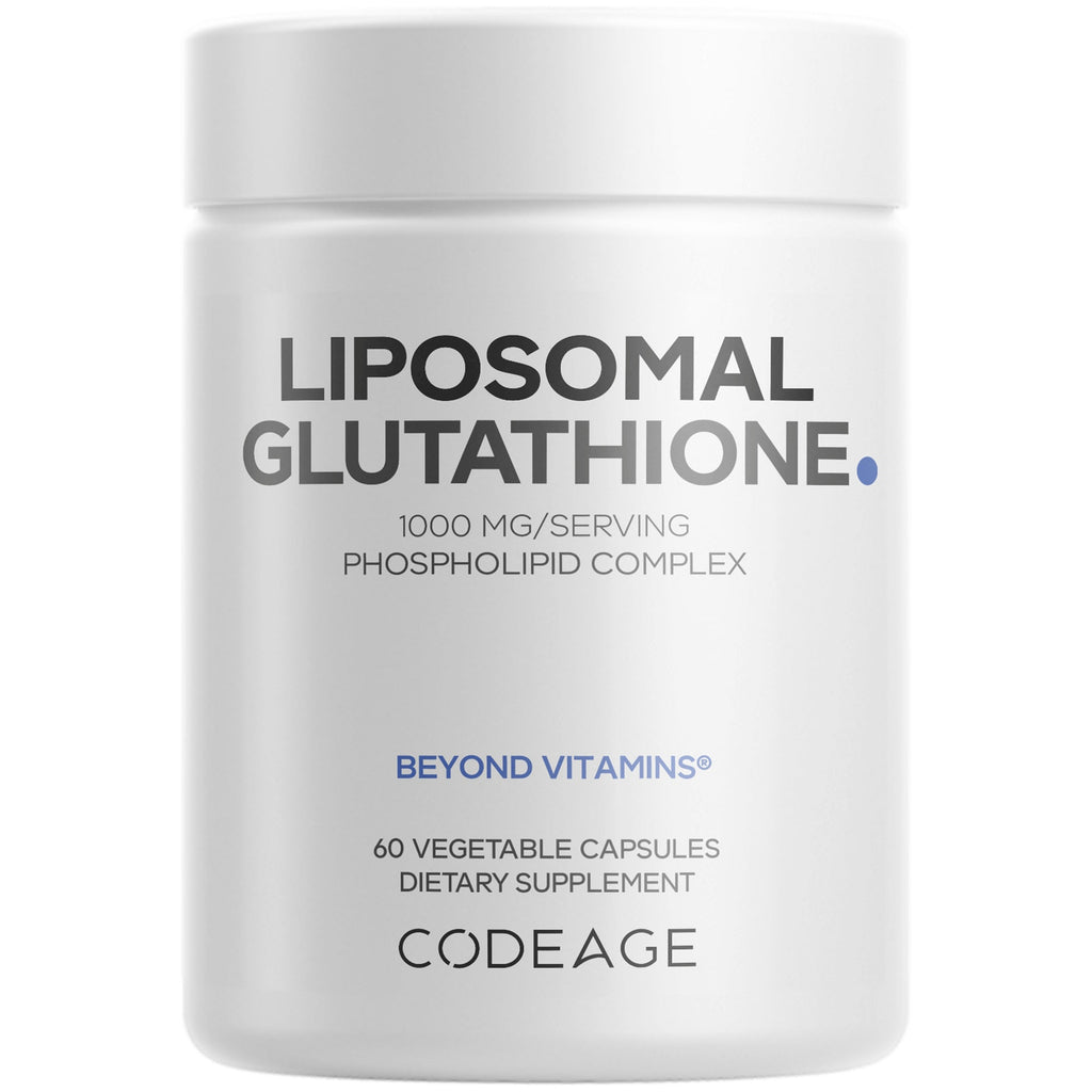 White supplement jar labeled LIPOSOMAL GLUTATHIONE 1000 MG/SERVING PHOSPHOLIPID COMPLEX ANTIOXIDANT 60 VEGETABLE CAPSULES CODEAGE - Thumbnail