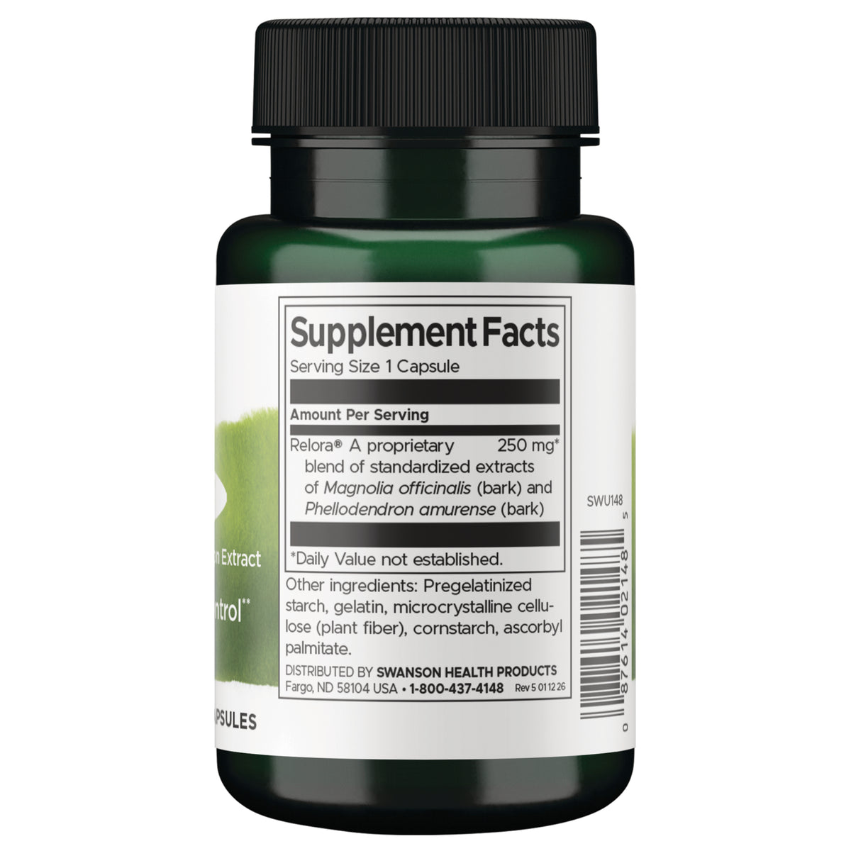 SWU148 | Back label with Supplement Facts panel, serving size 1 capsule, Relora blend 250 mg, ingredients and barcode