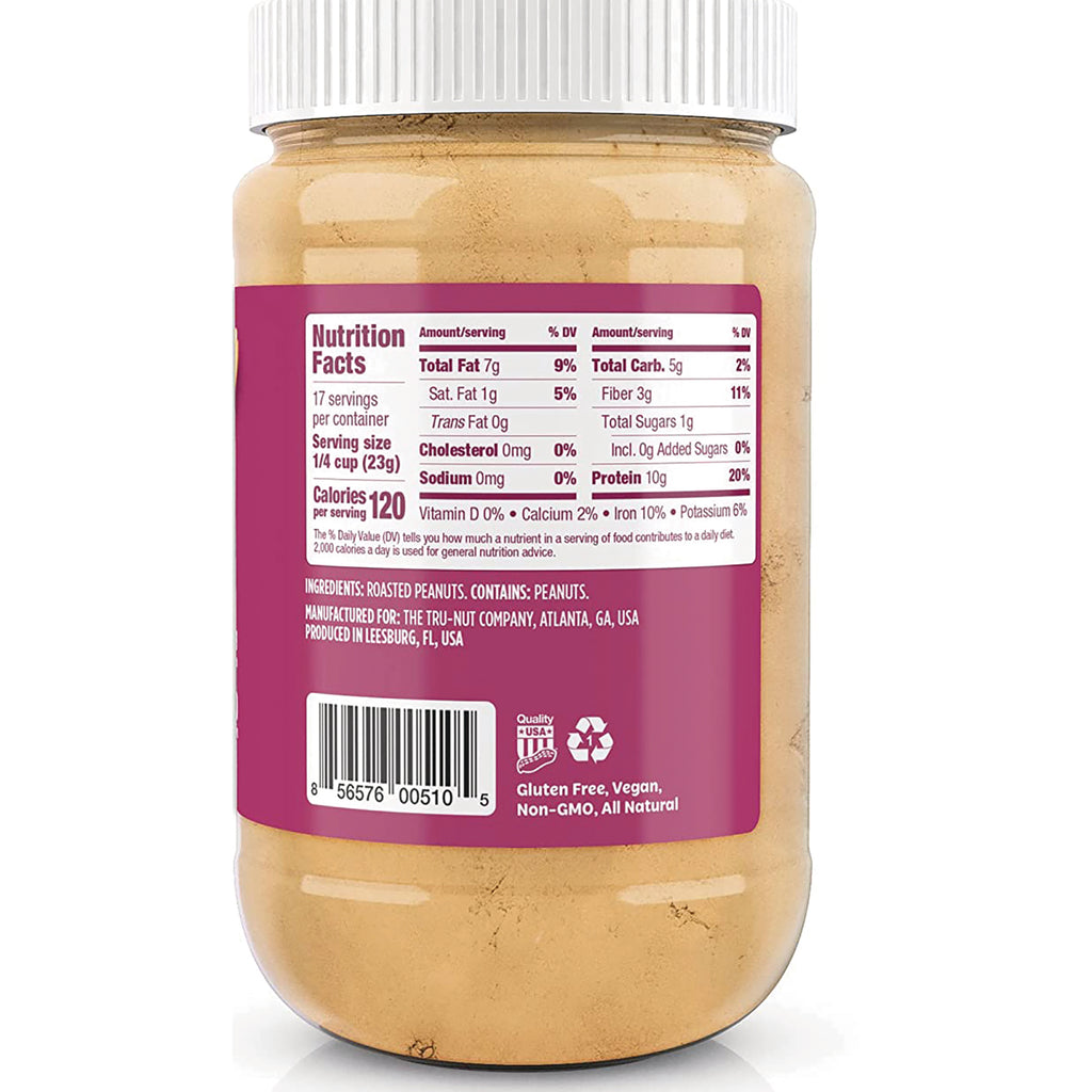 TNT007 | Back of powdered peanut butter jar with Nutrition Facts, ingredients, barcode, and gluten-free vegan icons - Thumbnail