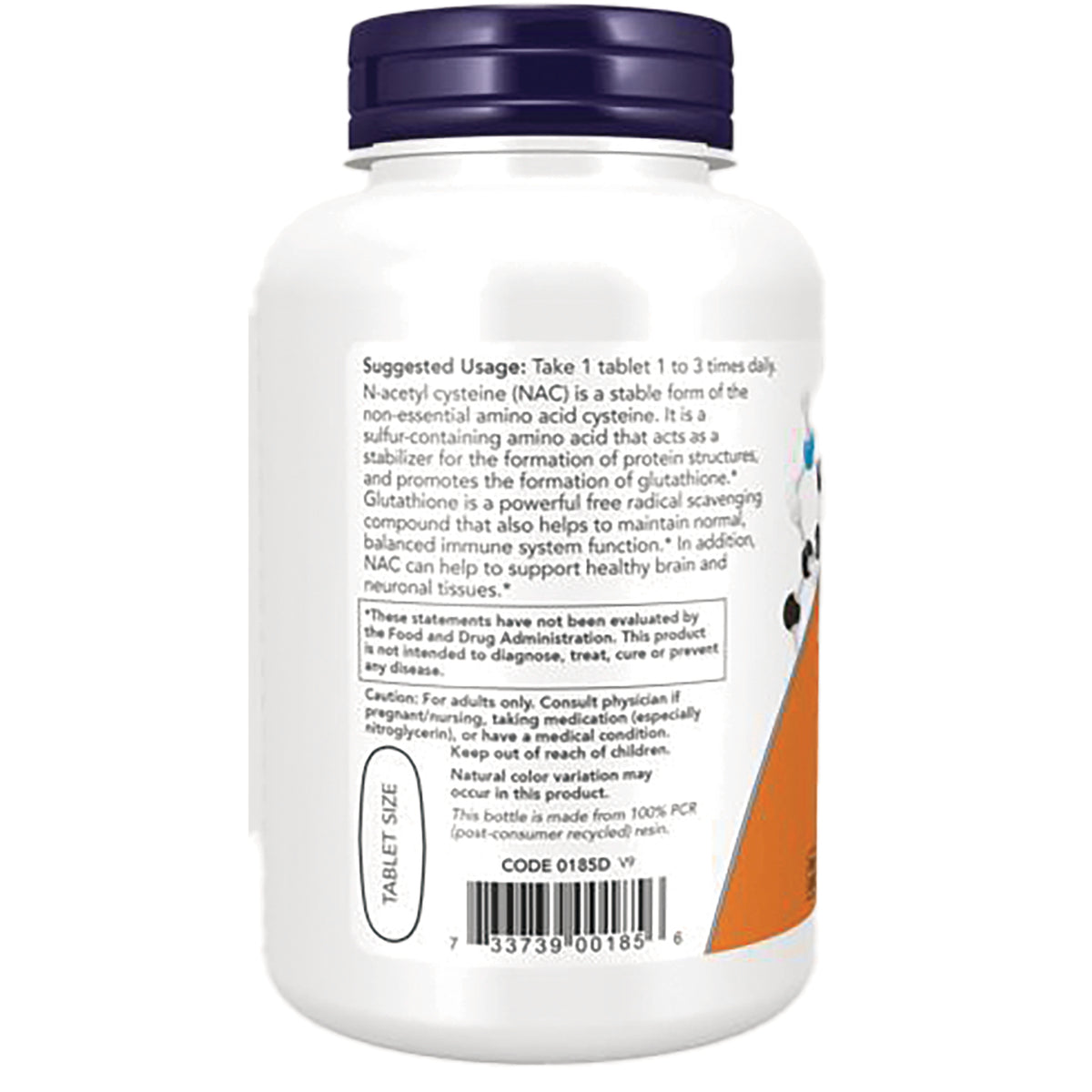 NWF1317 | Back label of white supplement bottle showing suggested usage, cautions, barcode, and tablet size oval