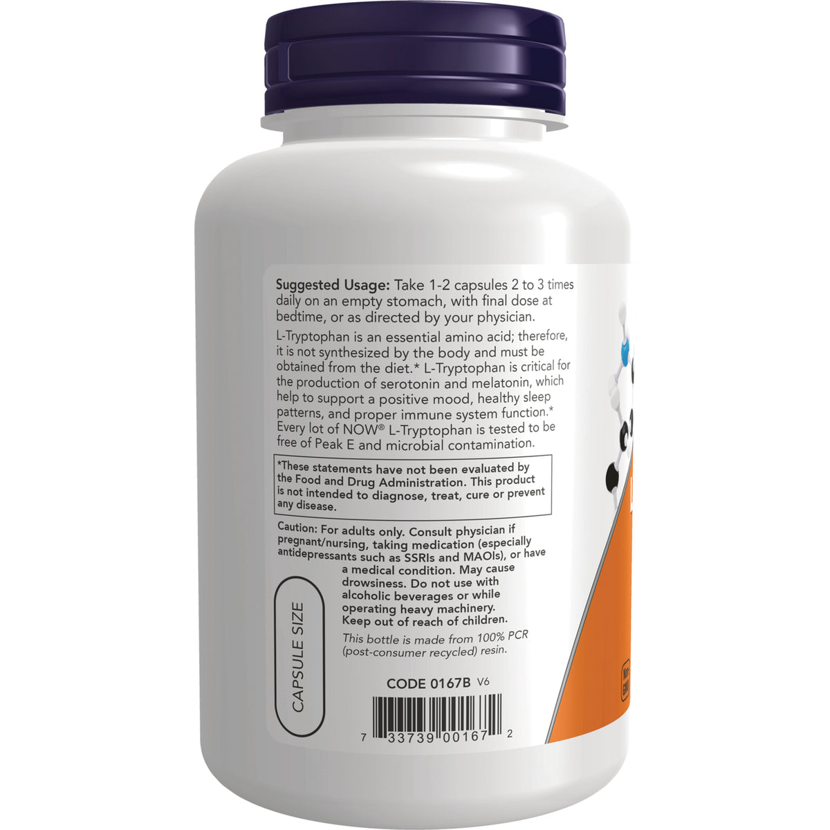 NWF900 | back label of white supplement bottle showing suggested usage, warnings, and barcode