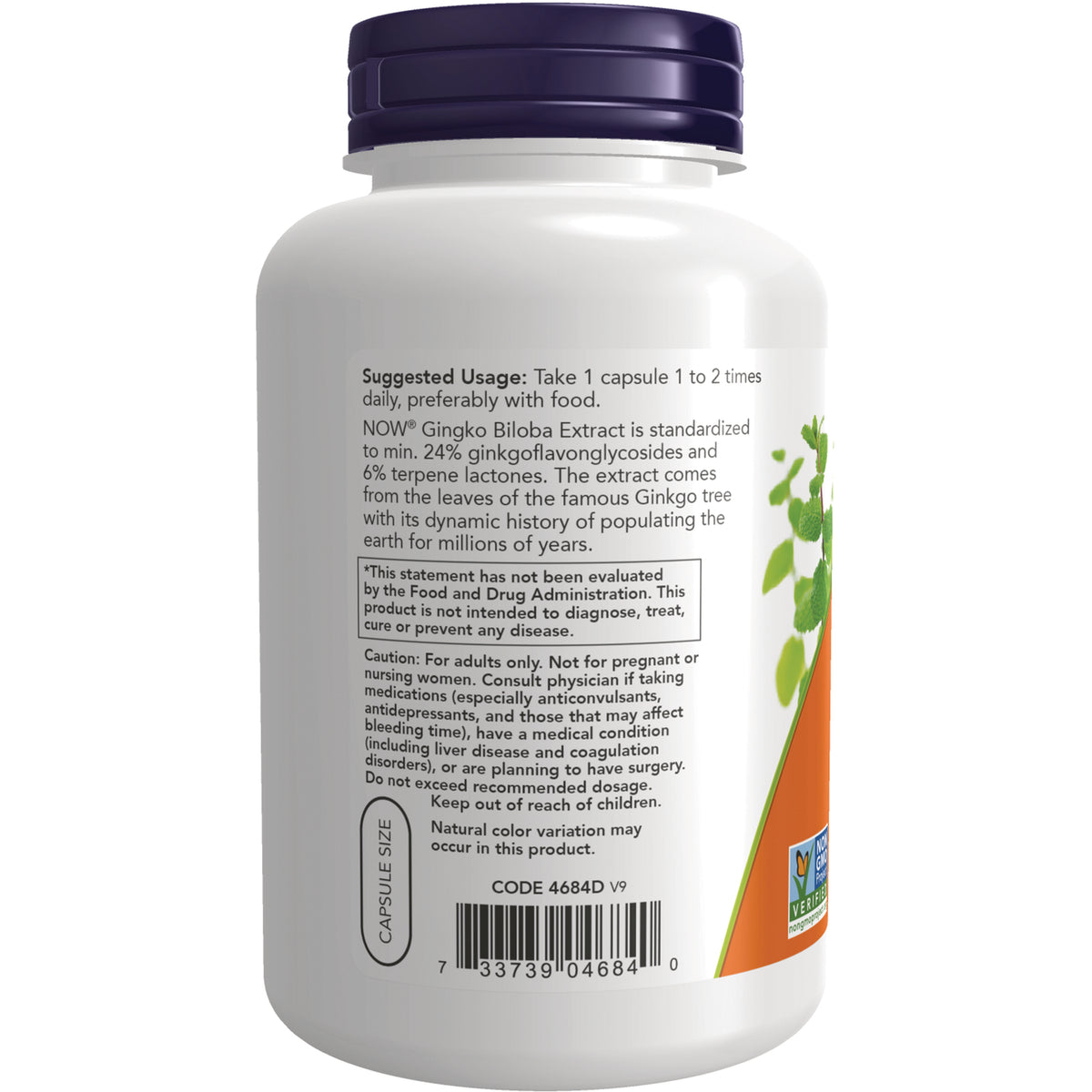 NWF607 | back label of white supplement bottle showing suggested usage, caution text, barcode and capsule size
