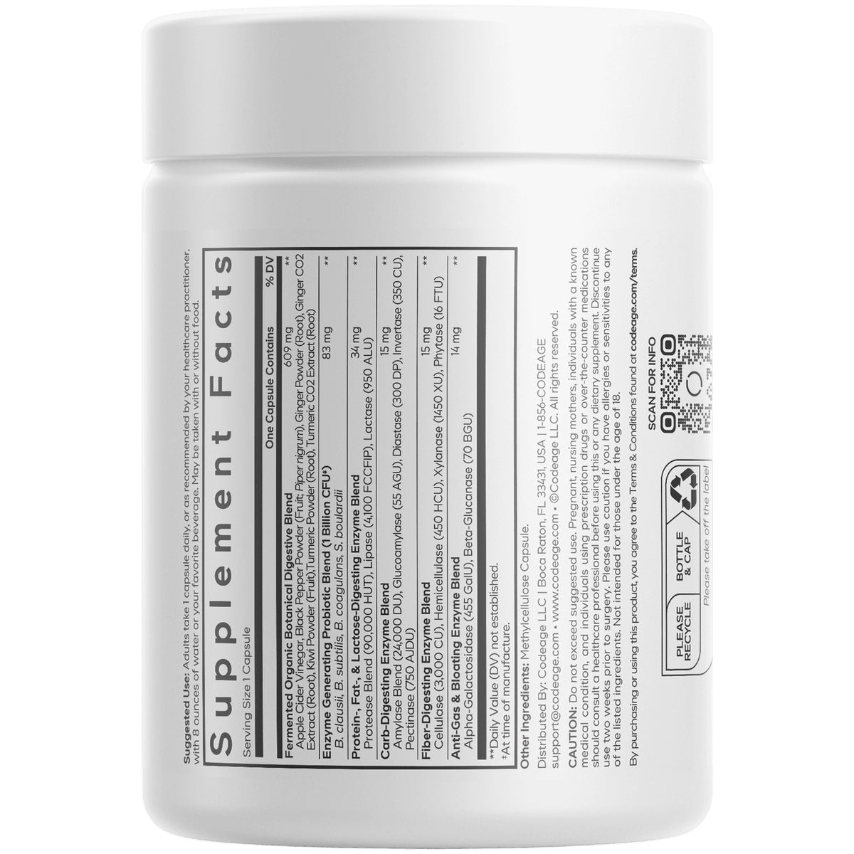 CDG037 | back of white supplement bottle showing supplement facts panel, ingredients and barcode