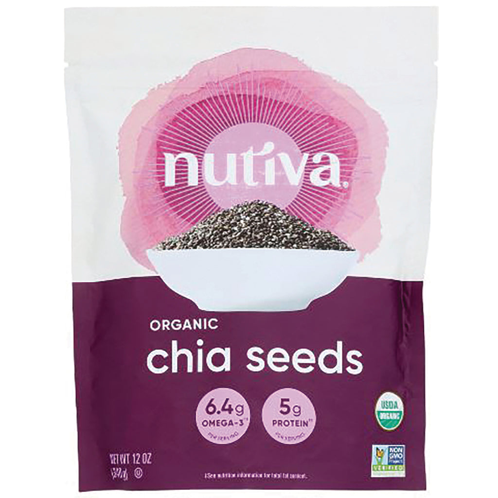 NTV031 | Nutiva organic chia seeds pouch front with bowl of seeds and nutrition icons - Thumbnail