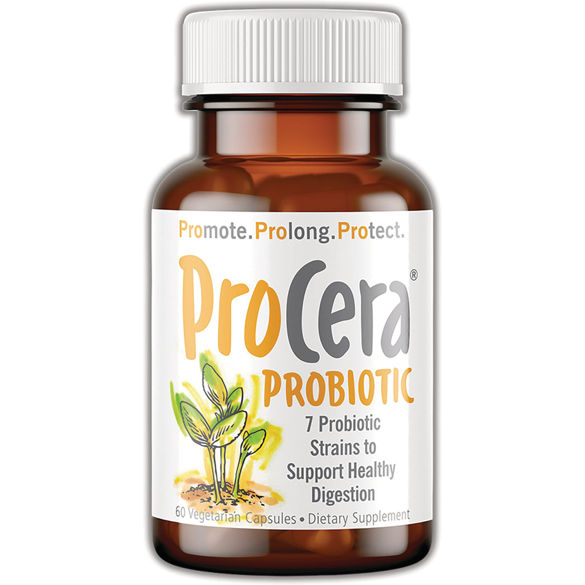 PRC011 | ProCera Probiotic brown glass bottle with white cap labeled 7 Probiotic Strains to Support Healthy Digestion