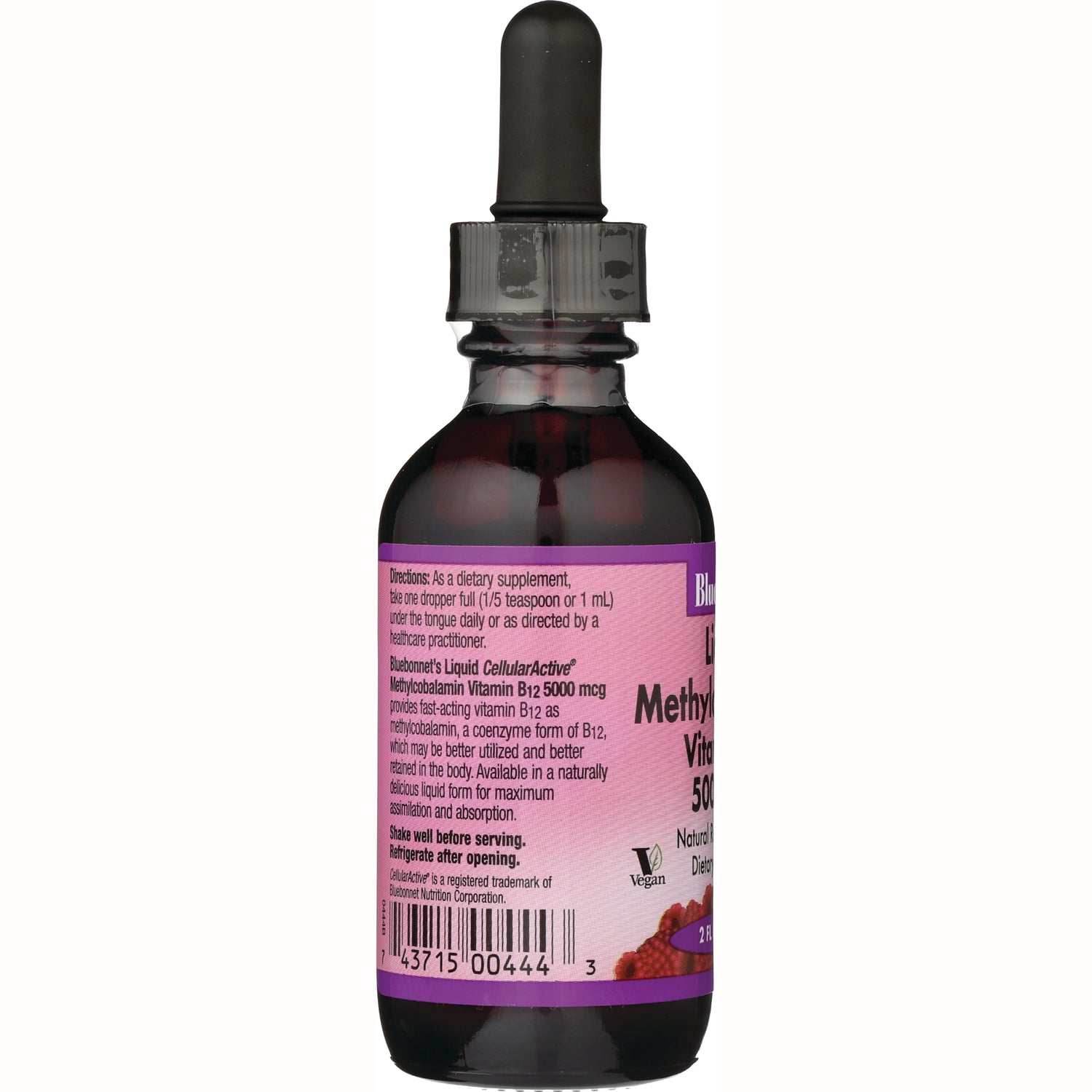 BLU095 | Back label of liquid methylcobalamin Vitamin B12 5000 mcg bottle showing directions, barcode, and dropper cap