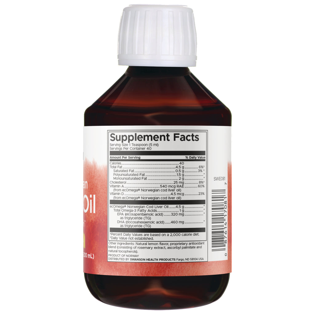 SWE081 | Supplement Facts panel for Norwegian cod liver oil, serving size 1 tsp (5 ml), omega-3, vitamins A and D - Thumbnail