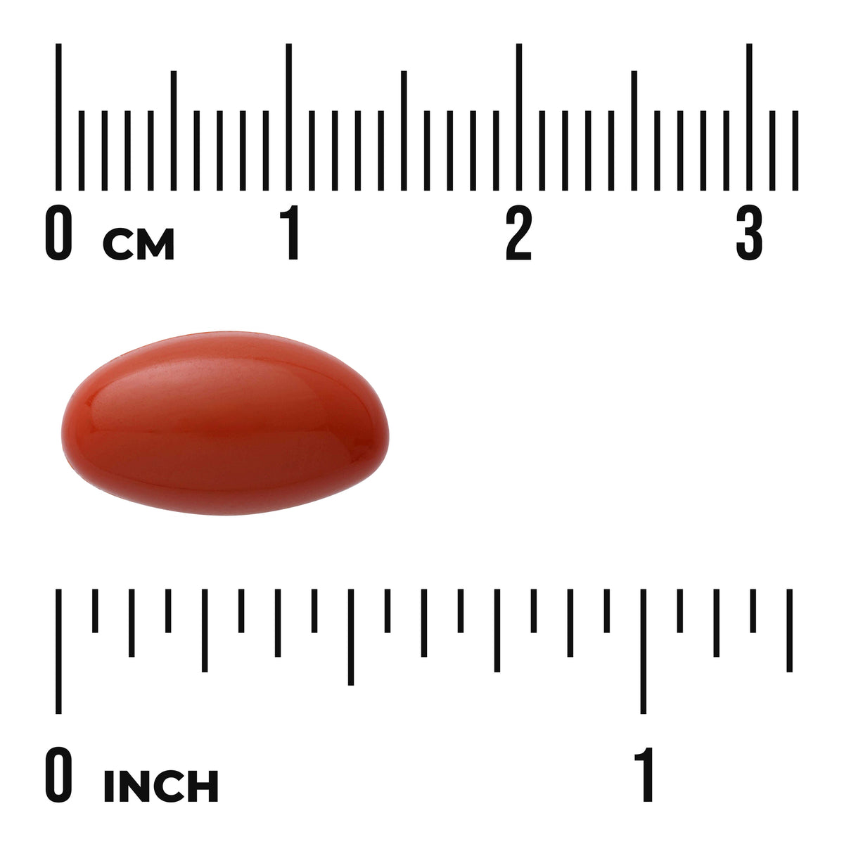 SWH219 | Red softgel size shown with rulers in centimeters and inches