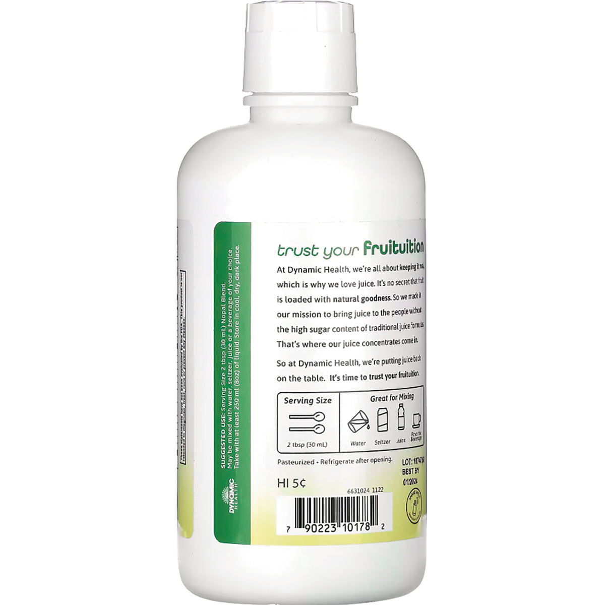 DYH046 | Back of white juice concentrate bottle showing label text, serving size icons and barcode