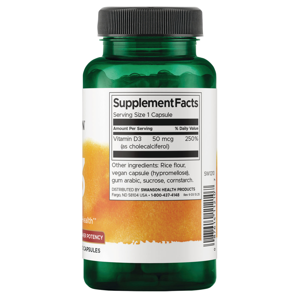 SW1210 | Back label with Supplement Facts for Vitamin D3 50 mcg (250% DV) and ingredients list