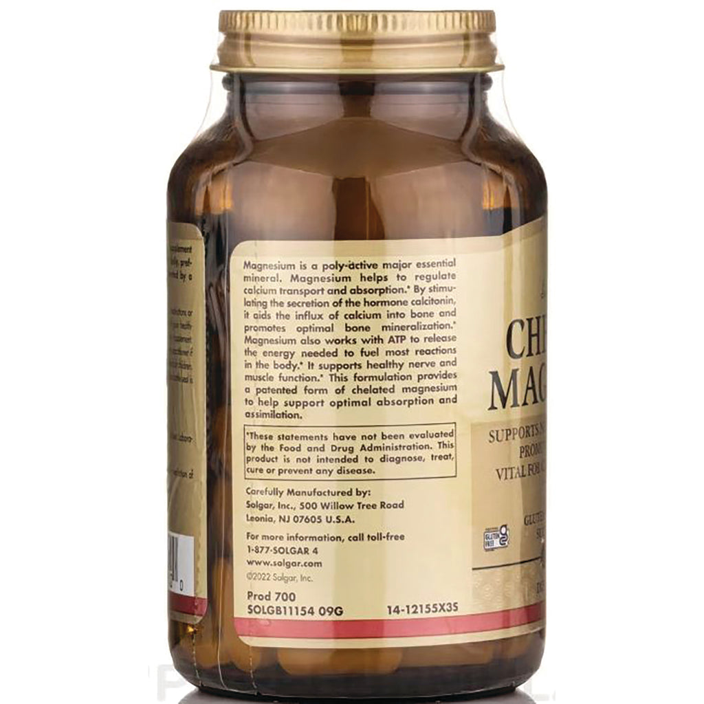 Back label of amber supplement bottle showing magnesium facts, FDA disclaimer, manufacturer details and product codes - Thumbnail