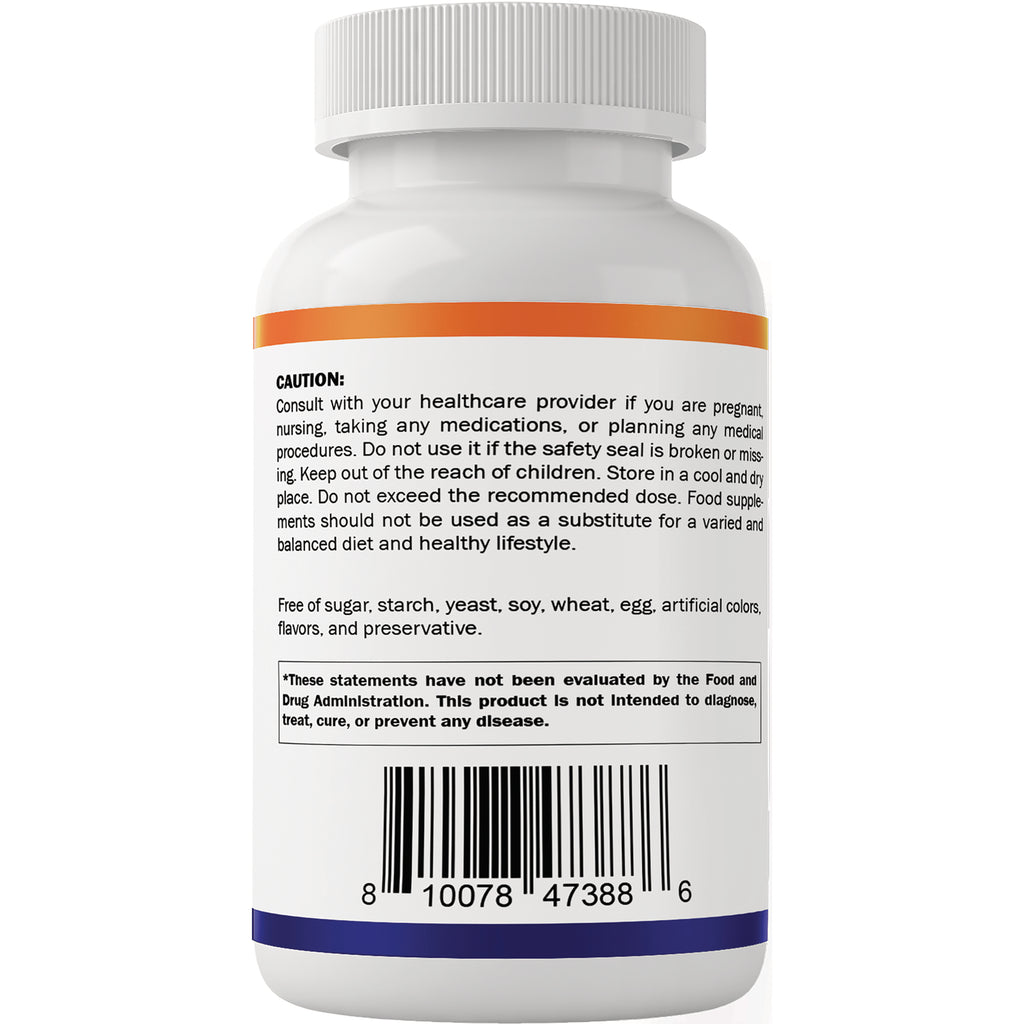 VAM015 | Back of white supplement bottle showing CAUTION text and barcode - Thumbnail