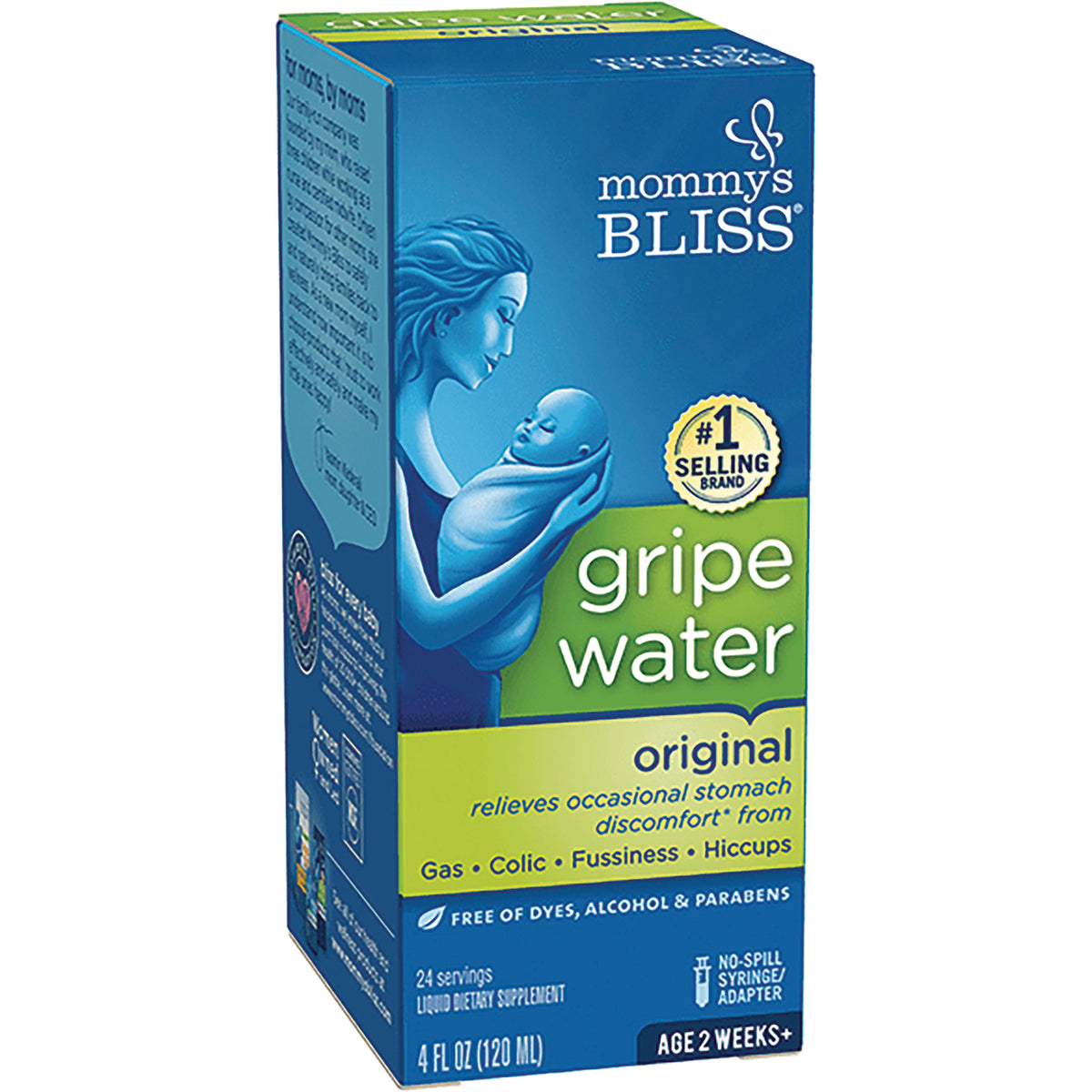 MMB001 | Mommy's Bliss gripe water original box front showing mother holding swaddled baby and product claims