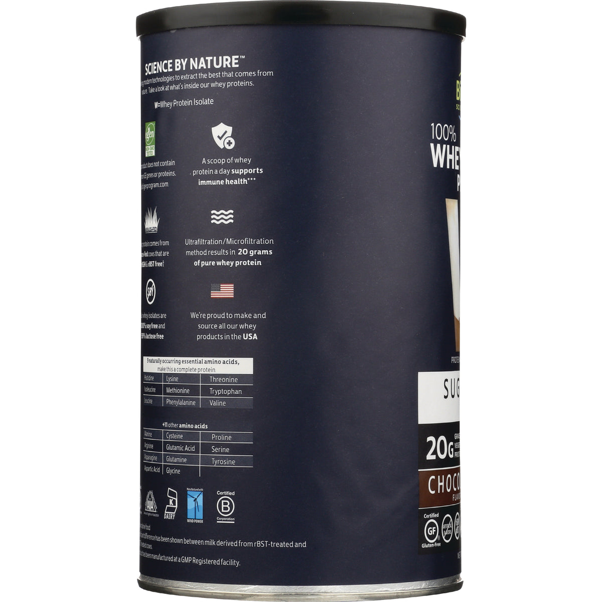 CRL589 | product infographic on can side showing icons, 20 grams of pure whey protein claim and amino acid table