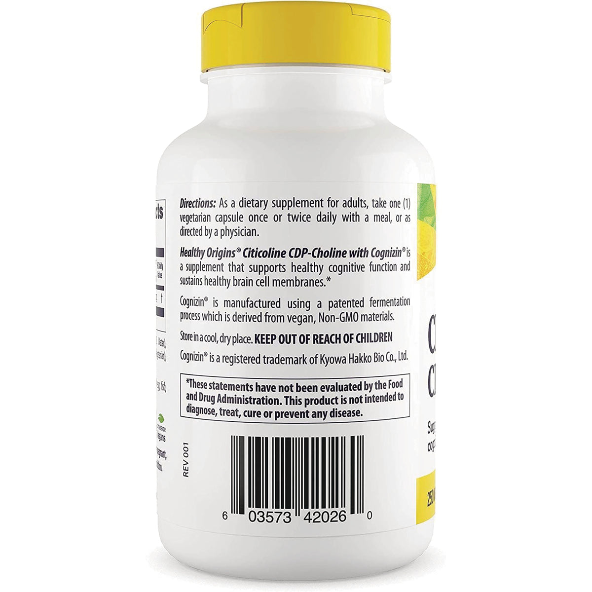 HRG009 | Back of white supplement bottle with yellow cap showing directions, warning box and barcode
