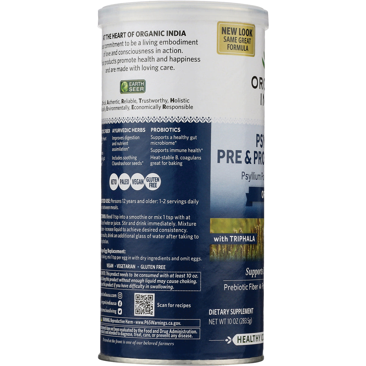 RGN081 | Back label of psyllium pre & probiotic dietary supplement canister showing directions, certifications, and ingredient text