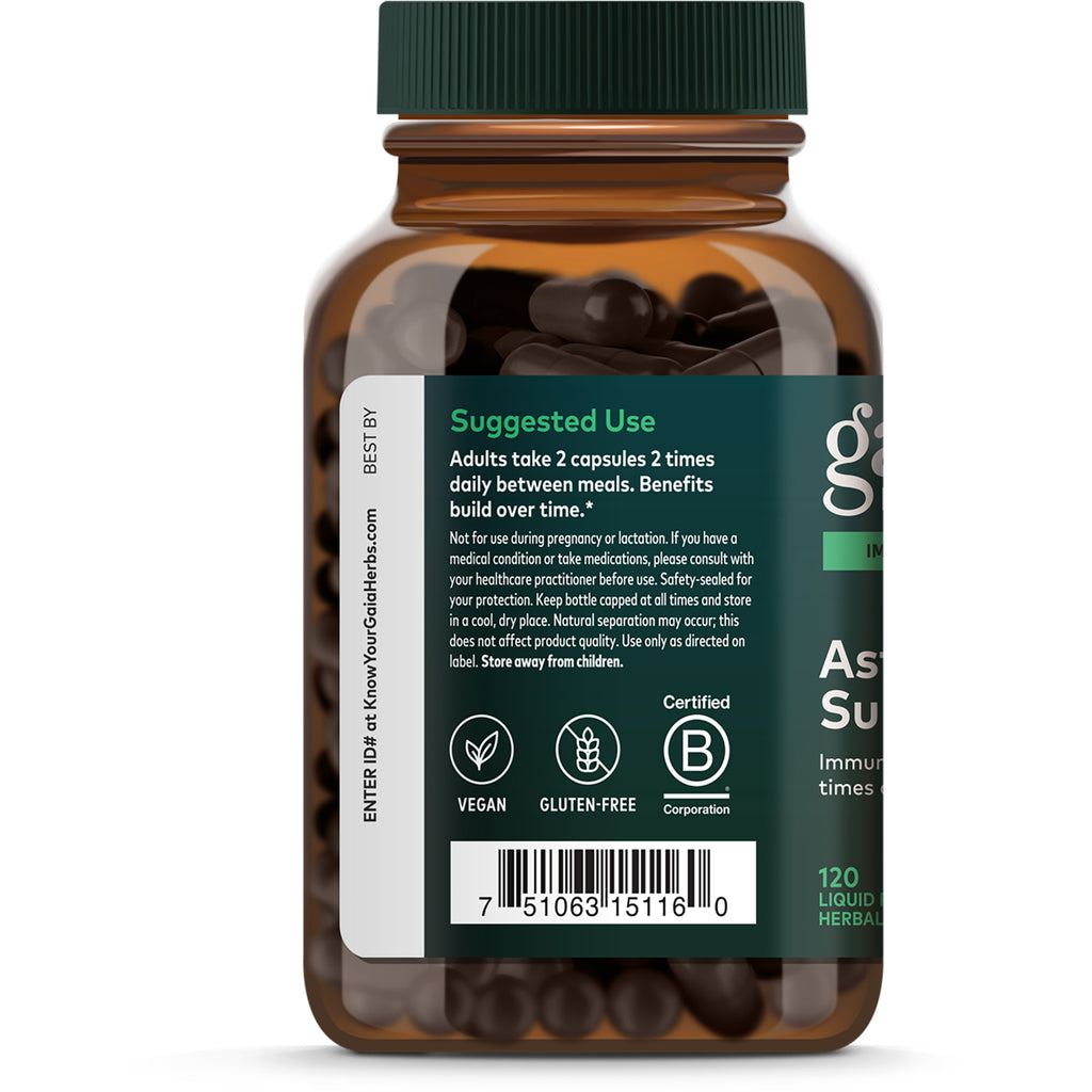 GH136 | Back label of amber supplement bottle showing 'Suggested Use' instructions, vegan and gluten-free icons, and barcode - Thumbnail