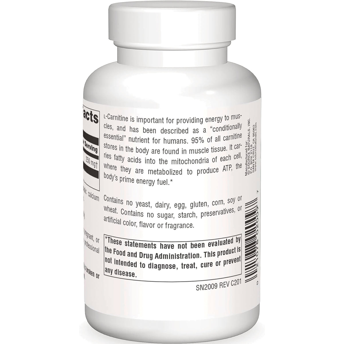 SN563 | Supplement bottle back label with L-Carnitine description, allergen statement, FDA disclaimer, and barcode