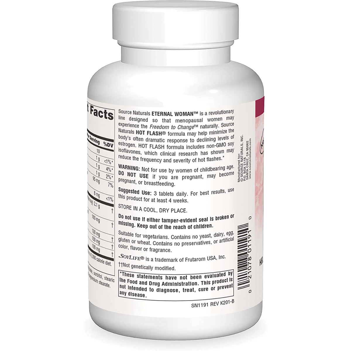 SN617 | Source Naturals Eternal Woman Hot Flash supplement bottle back with directions and warnings